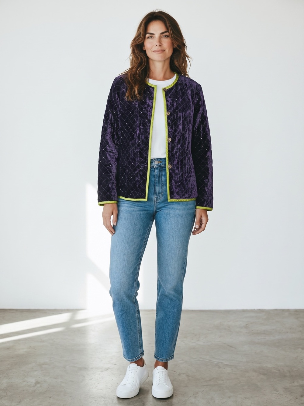 Coldwater Creek Reversible Silk Velvet Green Purple Quilted Button Jacket Size L
